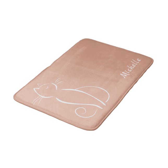 Minimalist White Cat On Pink Add Name Bath Mat (Angled)