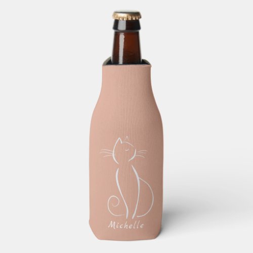 Minimalist White Cat On Pink Add Name   Bottle Coo Bottle Cooler