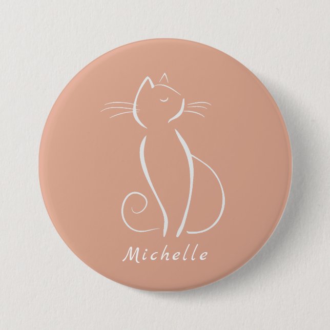 Minimalist White Cat On Pink Add Name Button (Front)