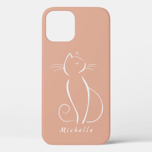 Minimalist White Cat On Pink Add Name   iPhone 12 Case