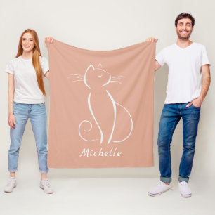 Minimalist White Cat On Pink Add Name Fleece Blanket