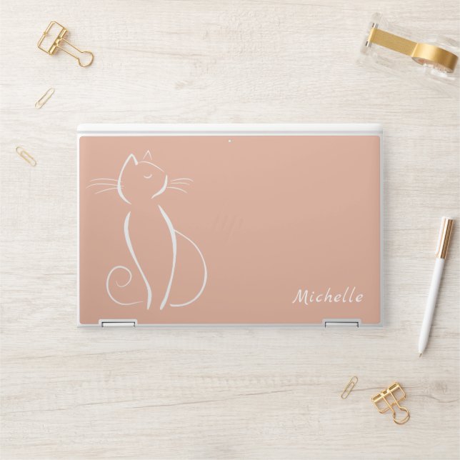 Minimalist White Cat On Pink Add Name HP Laptop Skin (Desk)