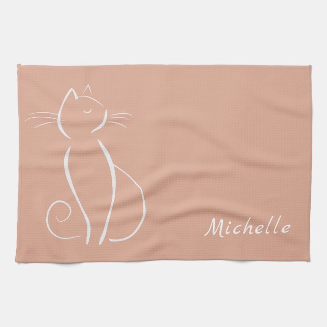 Minimalist White Cat On Pink Add Name Kitchen Towel (Horizontal)