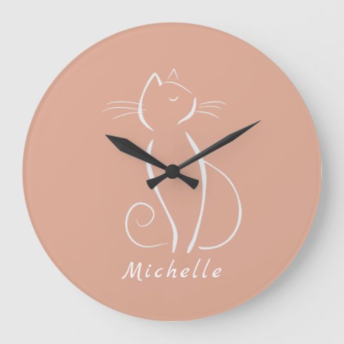 Minimalist White Cat On Pink Add Name   Large Clock