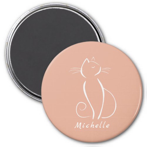 Minimalist White Cat On Pink Add Name Magnet