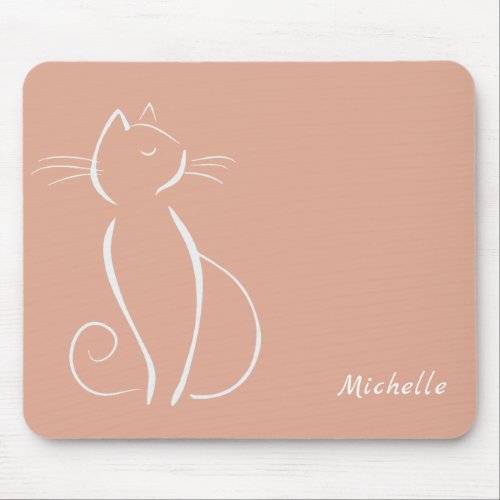 Minimalist White Cat On Pink Add Name Mouse Pad