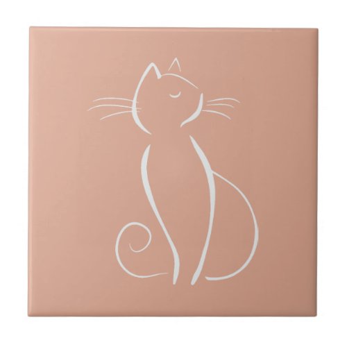 Minimalist White Cat On Pink Ceramic Tile