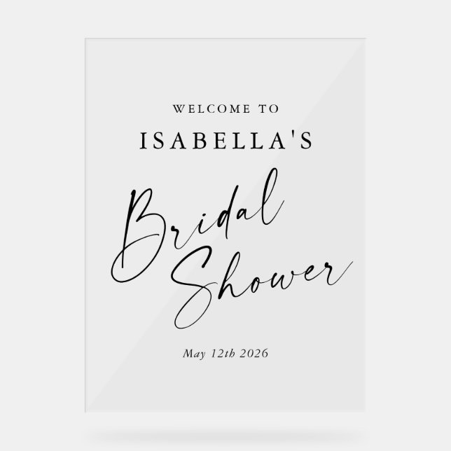 Minimalist White Chic Custom Bridal Shower Welcome Acrylic Sign (Front)