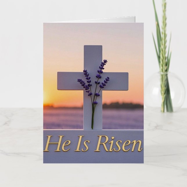 Minimalist white cross adorned with lavender  foil greeting card (Front)