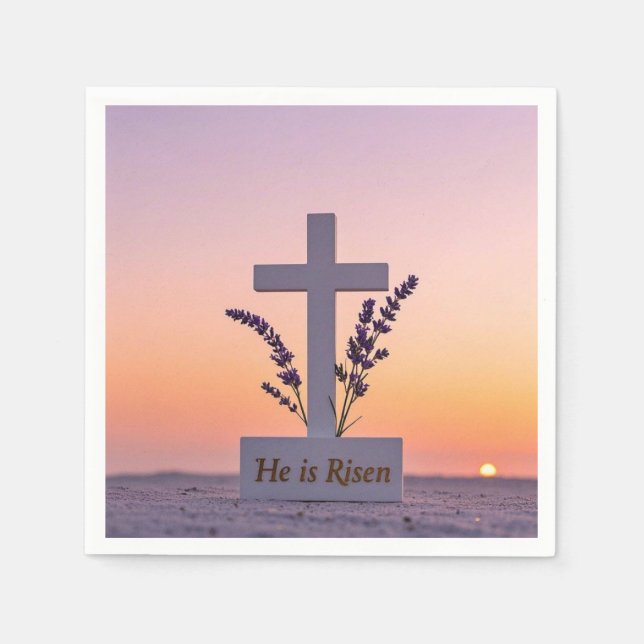 Minimalist white cross adorned with lavender napkins (Front)