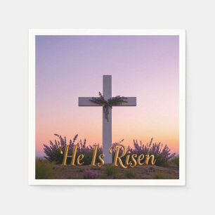 Minimalist white cross adorned with lavender  napkins