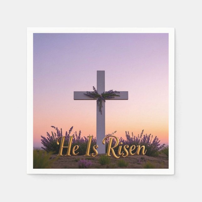 Minimalist white cross adorned with lavender  napkins (Front)