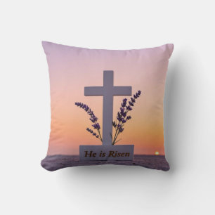 Minimalist white cross adorned with lavender throw pillow