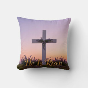 Minimalist white cross adorned with lavender throw pillow