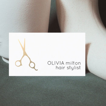 Minimalist White Faux Gold Scissors Hair Stylist Business Card by pro_business_card at Zazzle