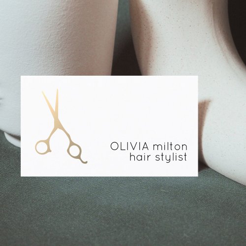 Minimalist White Faux Gold Scissors Hair Stylist Business Card