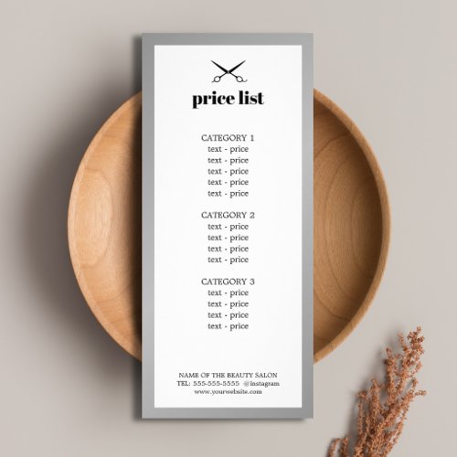 Minimalist White Faux Silver Beauty Price List Rack Card
