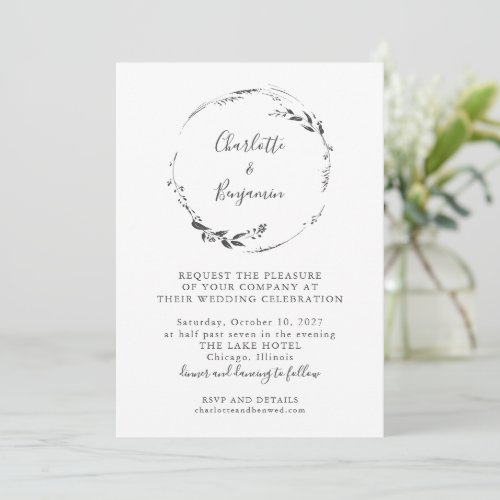 Minimalist White Floral Wreath Calligraphy Wedding Invitation