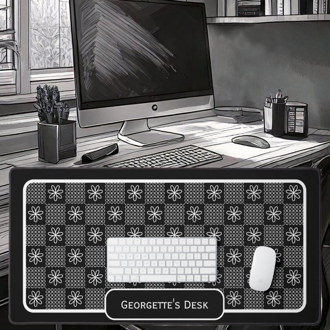 Minimalist White Flowers - Checked on Black Desk Mat (Minimalist White Flowers Check on a black background by Office Accessories Shop)