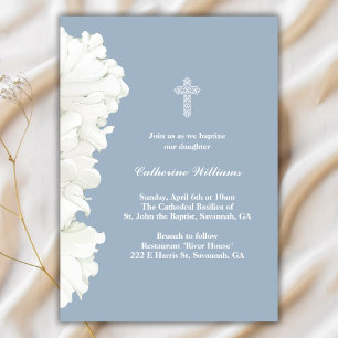 Minimalist White Flowers Dusty Blue Baptism Invitation