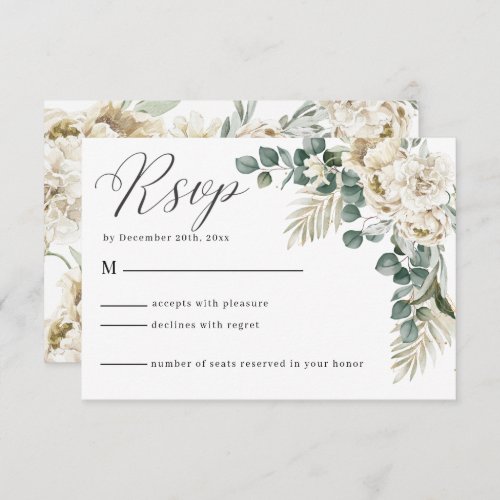 Minimalist white flowers green Eucalyptus Wedding RSVP Card