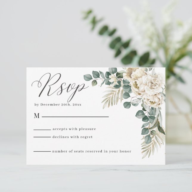 Minimalist white flowers green Eucalyptus Wedding RSVP Card (Standing Front)