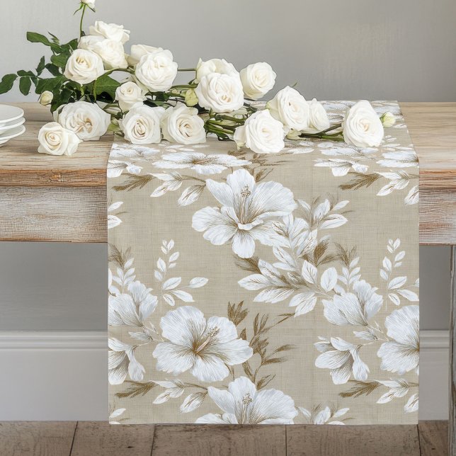 Minimalist White Flowers Taupe Table Runner (Minimalist White Flowers Taupe Table Runner)