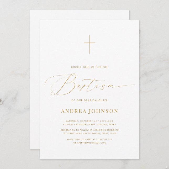 Minimalist White & Gold Elegant Script Baptism Invitation (Front/Back)