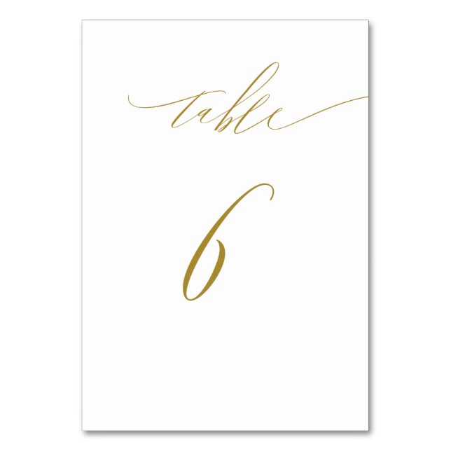 Minimalist White Gold Elegant Script No 6 Wedding Table Number (Front)