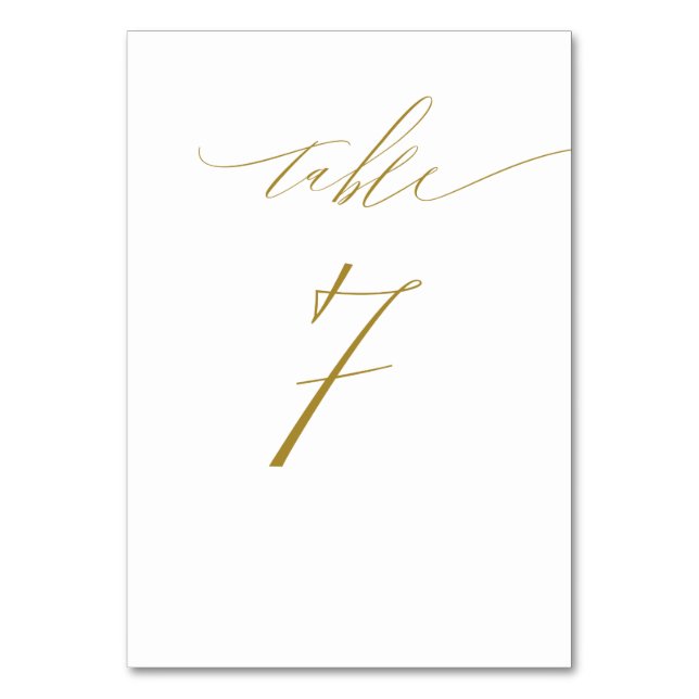 Minimalist White Gold Elegant Script No 7 Wedding Table Number (Front)