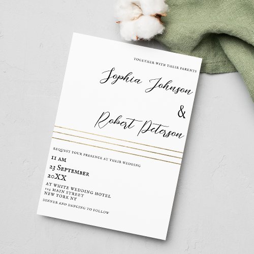 Minimalist white gold glamorous wedding theme  invitation