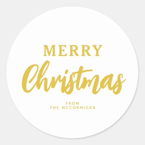 Minimalist White Gold Merry Christmas Family Name Classic Round Sticker