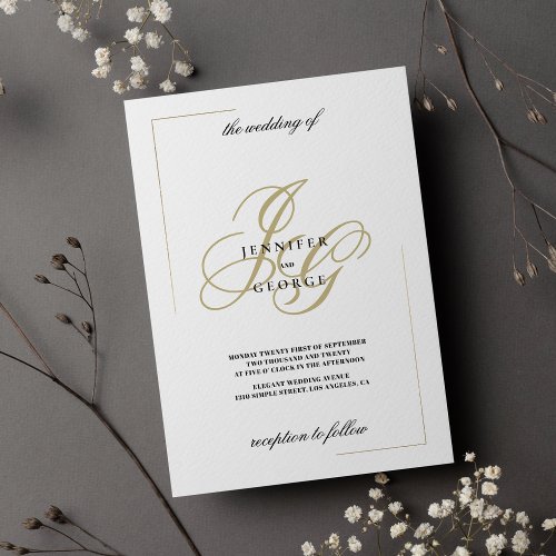 Minimalist white gold monogram initial wedding invitation