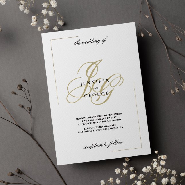 Minimalist white gold monogram initial wedding invitation (Minimalist white gold monogram initial wedding invitation )