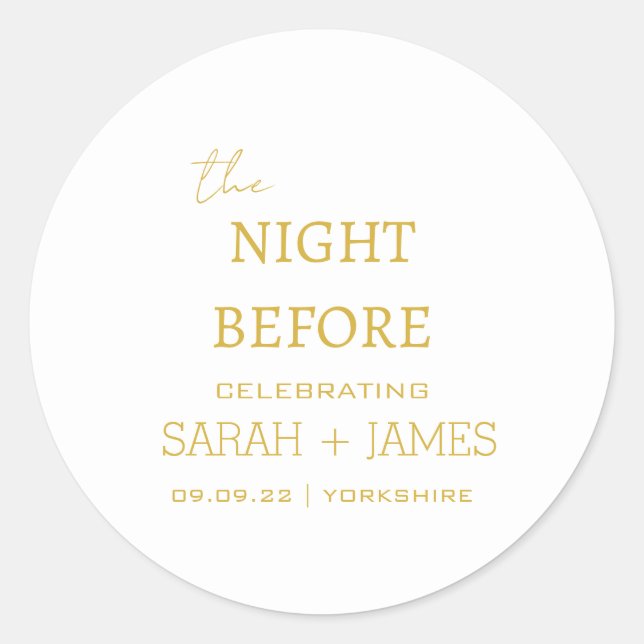 Minimalist White & Gold The Night Before  Classic Round Sticker (Front)