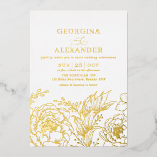 Minimalist White Gold Vintage Botanicals Wedding Foil Invitation