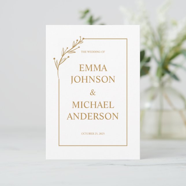 Minimalist White & Gold Wedding Invitation (Standing Front)