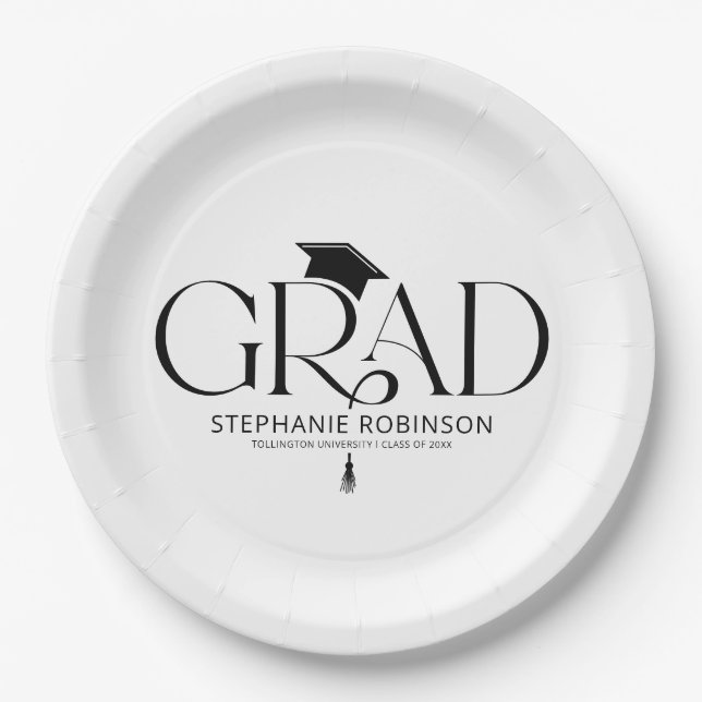 Minimalist White Graduation Cap & Tassel Paper Plates (Front)