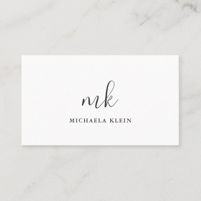 Minimalist White & Gray Script Monogram Business Card (Front)