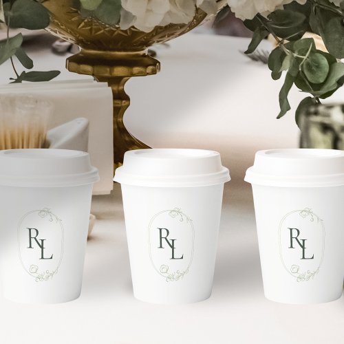 Minimalist White  Green Couple Monogram Wedding  Paper Cups