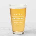 Minimalist White Groomsman Wedding Glass<br><div class="desc">Perfect favor for your groomsmen where you can personalize the beer glass with your groomsman's name,  the names of the happy couple,  and wedding date in a minimalist typography design in white.</div>