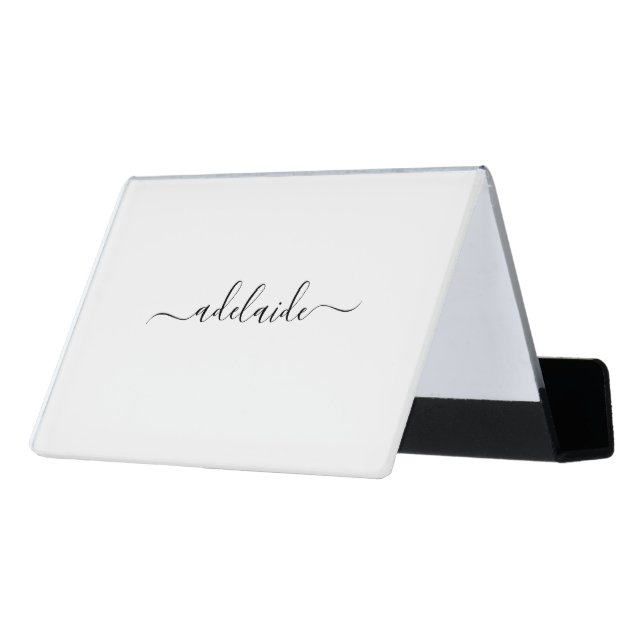 Minimalist White hair stylist script signature Desk Business Card Holder (Angled Back)