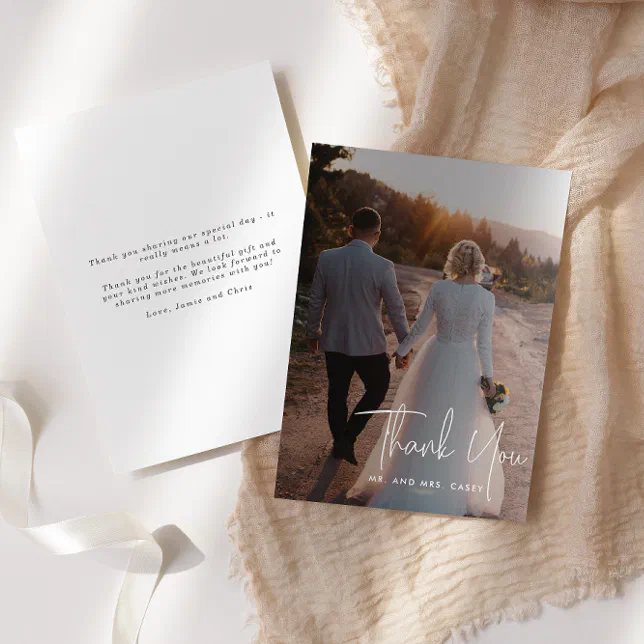 Minimalist White Handwritten Script Photo Wedding Thank You Card | Zazzle