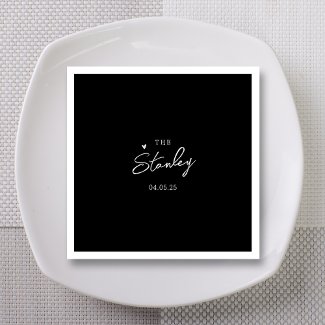 Minimalist White Heart Script on Black Wedding