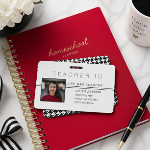 Minimalist White Houndstooth Homeschool ID Badge