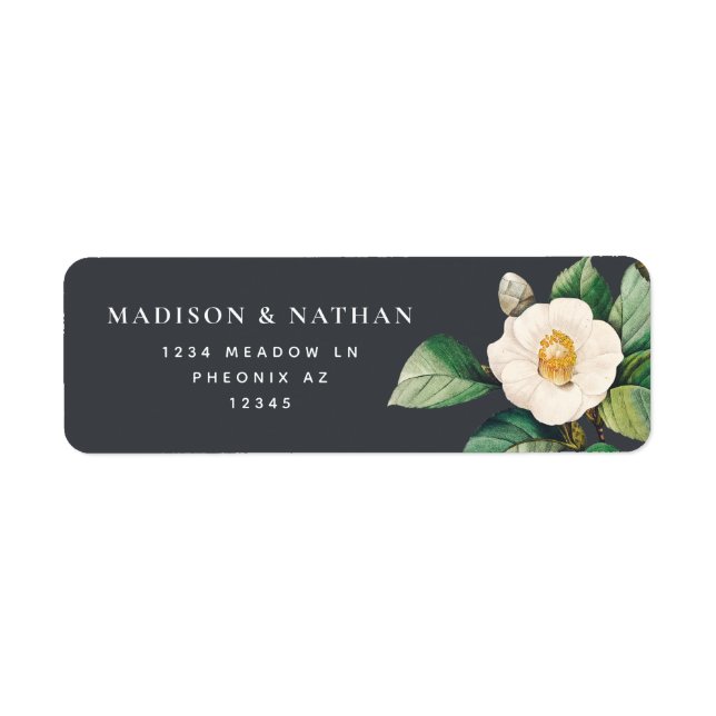 Minimalist White Japanese Camellia Wedding Label (Front)