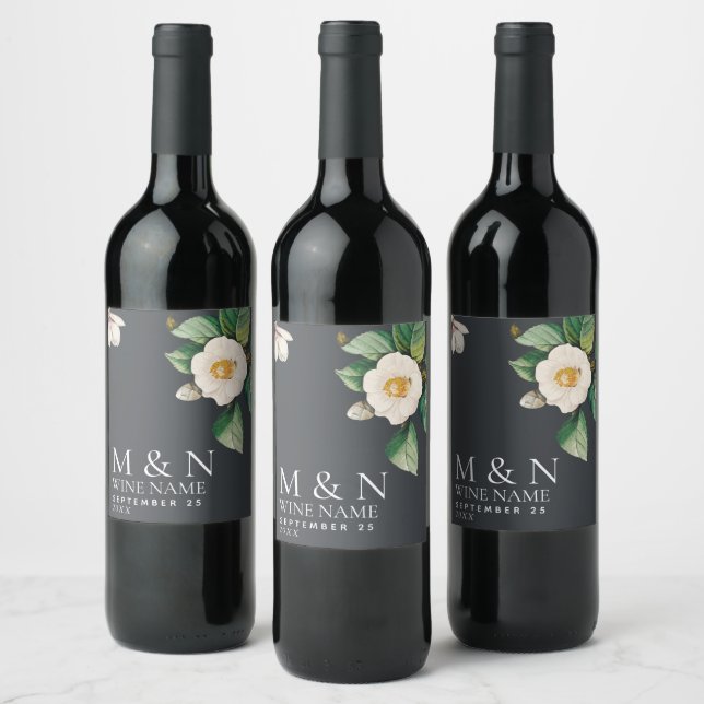 Minimalist White Japanese Camellia Wedding Wine Label (Bottles)
