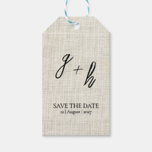 Minimalist White Linen Vintage Save Date Initials Gift Tags