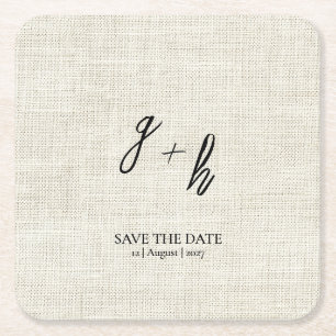 Minimalist White Linen Vintage Save Date Initials Square Paper Coaster