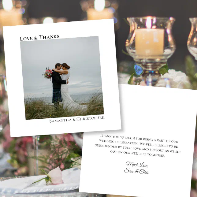 Minimalist White Love Thanks Photo & Note Wedding Thank You Card | Zazzle